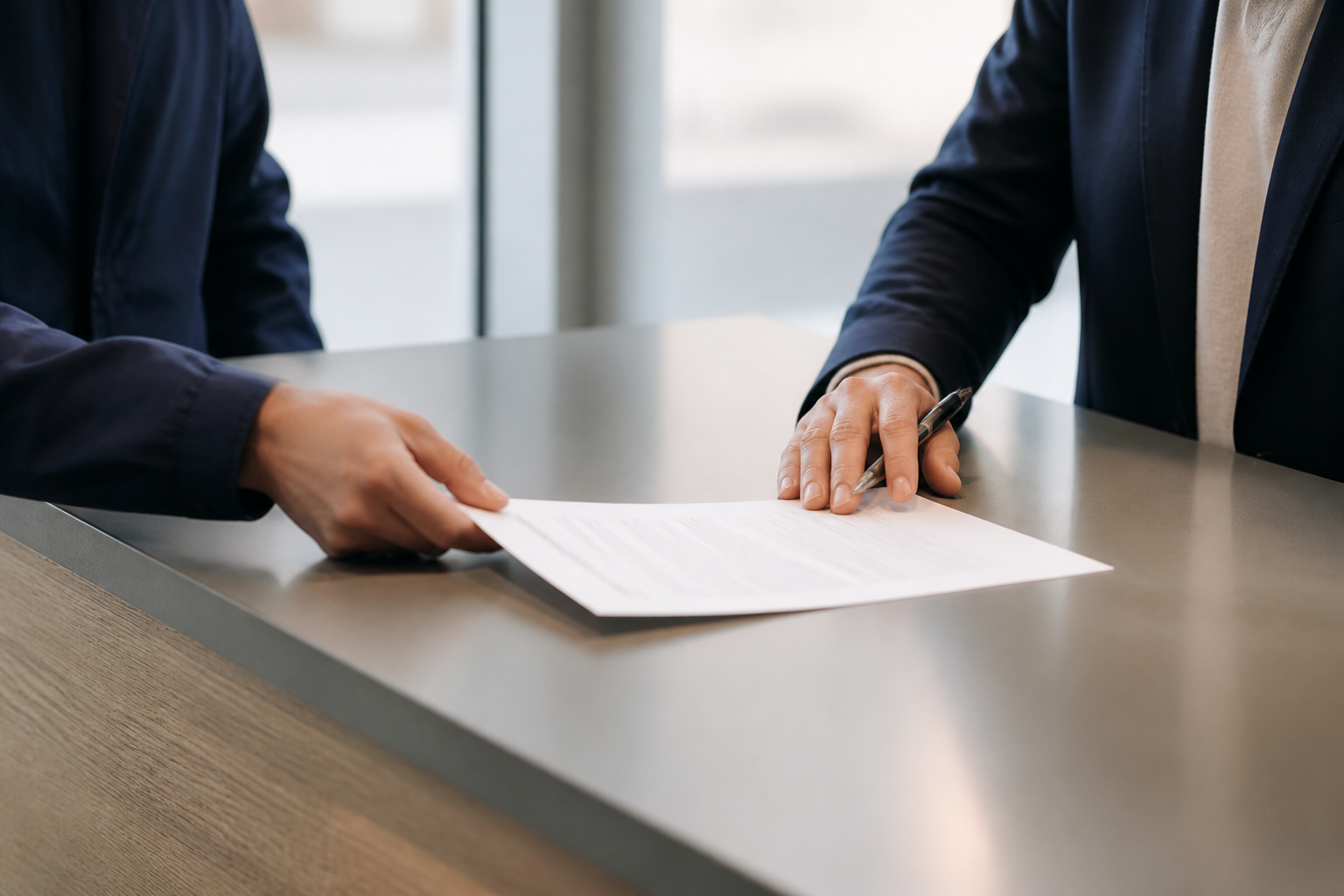 Two people at a trade counter: one slides a single printed sheet across while the other rests a hand on it holding a pen, about to sign. Hands and torsos only.