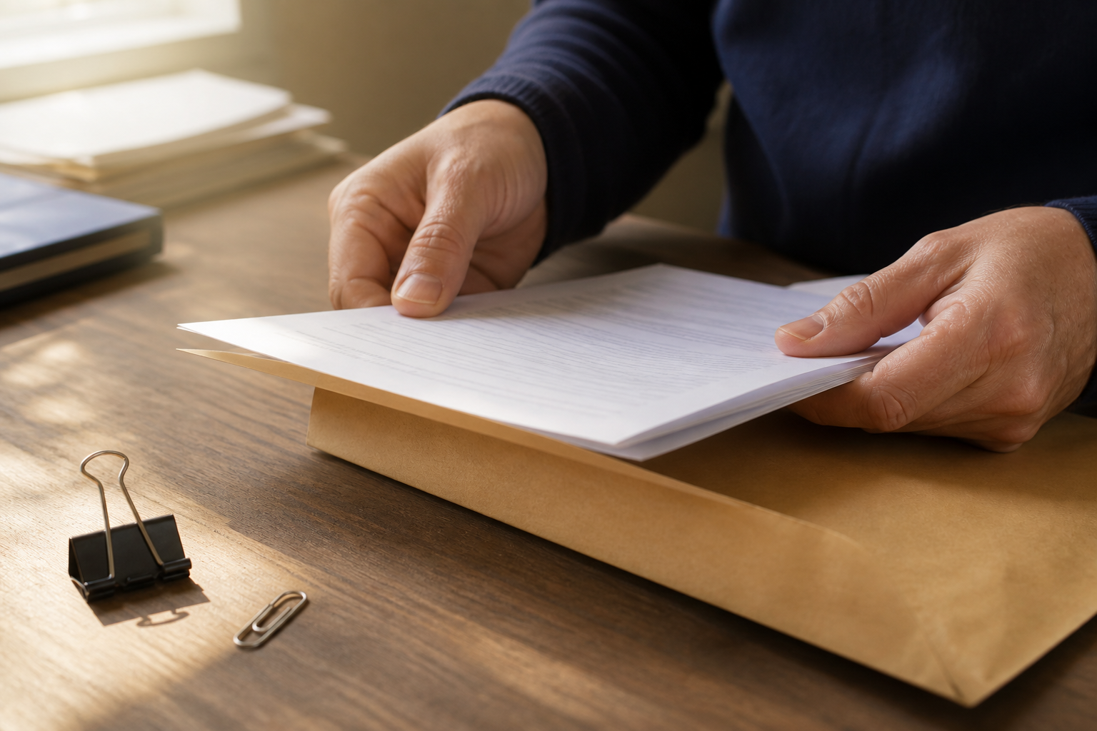 A person squares up a thin stack of documents against a desk edge before sliding them into a stiff courier envelope, with a bulldog clip and a paperclip resting nearby.